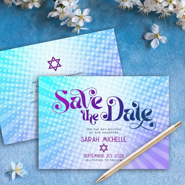 Reserve A Data Bat Mitzvah Retro Azul Roxo Ombre Gradiente Boho (Criador carregado)