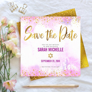 Reserve A Data Bat Mitzvah Rosa Aquarela Rótulo Dourado Quadrado