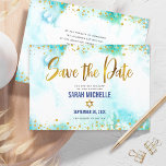 Reserve A Data Bat Mitzvah Turquoise Watercolor Script Girly<br><div class="desc">Certifique-se de que todos os seus amigos e parentes serão capazes de celebrar o marco da sua filha Bat Mitzvah! Enviar este espantoso, moderno, falso dourado cintilante e pontos brilhantes e script de tipografia contra um fundo de aquarela turquesa, personalizado cartão de anúncio "Salvar a Data". Sua mensagem personalizada e...</div>