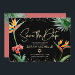 Reserve A Data Bat Tropical Negro Mitzvah Floral Palm Moderno<br><div class="desc">Certifique-se de que todos os seus amigos e parentes serão capazes de celebrar o marco da sua filha Bat Mitzvah! Envie este cartão de anúncio personalizado "Salvar a Data". Cores de água tropicais, impressionantes, coloridas, de flores paraíso, guião falso dourado manuscrito, Estrela de David e pontos brilhantes, juntamente com o...</div>
