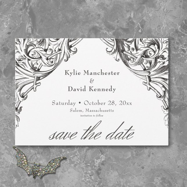 Reserve A Data Bat Vitoriano até Casamento Negro e Branco da Mort (Victorian Bat Until Death Black White Wedding Save The Date)