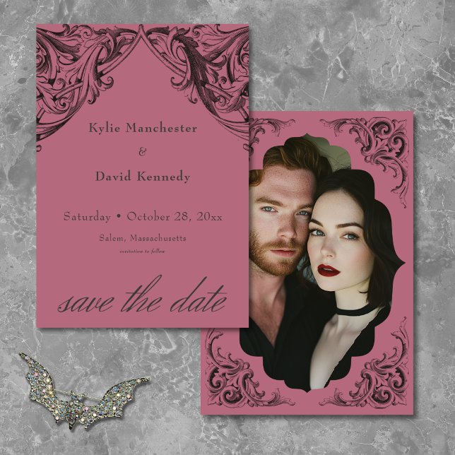 Reserve A Data Bat Vitoriano Até Casamento Negro e Vinho da Morte (Victorian Bat Until Death Black & Wine Wedding Save The Date)