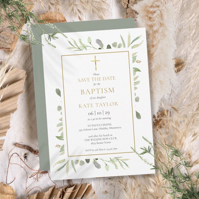 Reserve A Data Batismo Cristão Aquarela Folhagem (Baptism Christening Watercolor Greenery Save The Date)