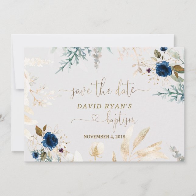 Reserve A Data Batismo Dourado Floral Azul-Aquarela Encantadora (Frente)