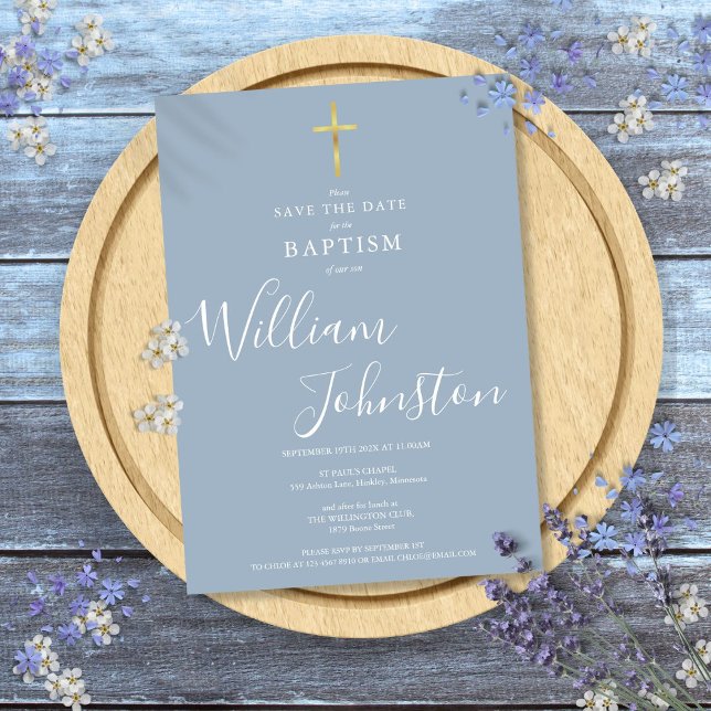 Reserve A Data Batismo Elegante Christening Dourado Cross Dusty B (Elegant Baptism Christening Gold Cross Dusty Blue Save The Date)