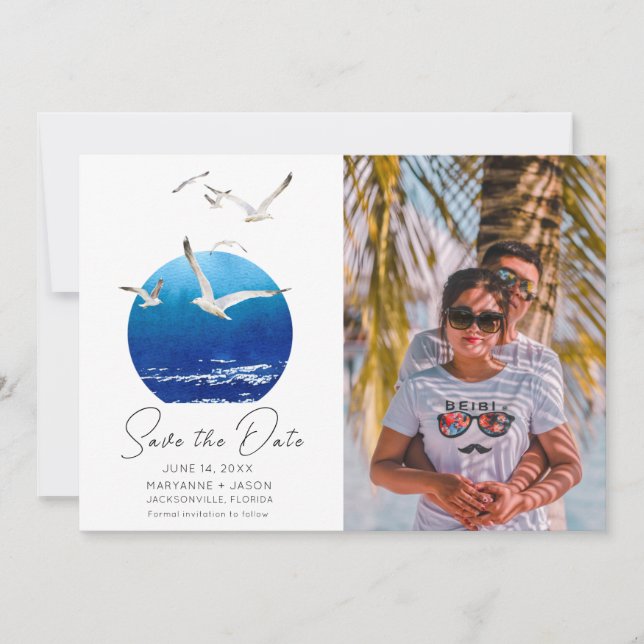 Reserve A Data Beach Photo Coastal Wedding Save The Date (Frente)