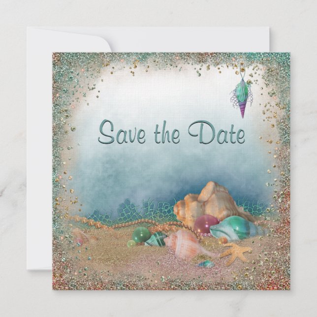 Reserve A Data Beach Seashells and Glitter Save the Date Wedding (Frente)