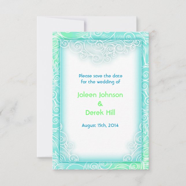 Reserve A Data Beach Wedding Aqua and White Save the Date (Frente)