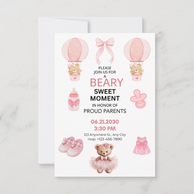 RESERVE A DATA BEARY SWEET MOMENT GIRL BABY SHOWER SAVE THE DATE (Frente)