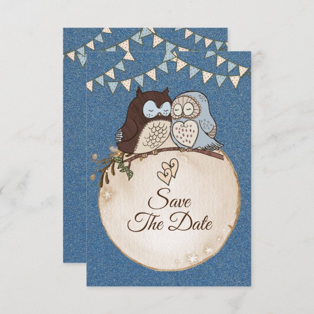 Reserve A Data Beautiful Wedding Blue Brown Owl Glitter Save The  (Frente/Verso)