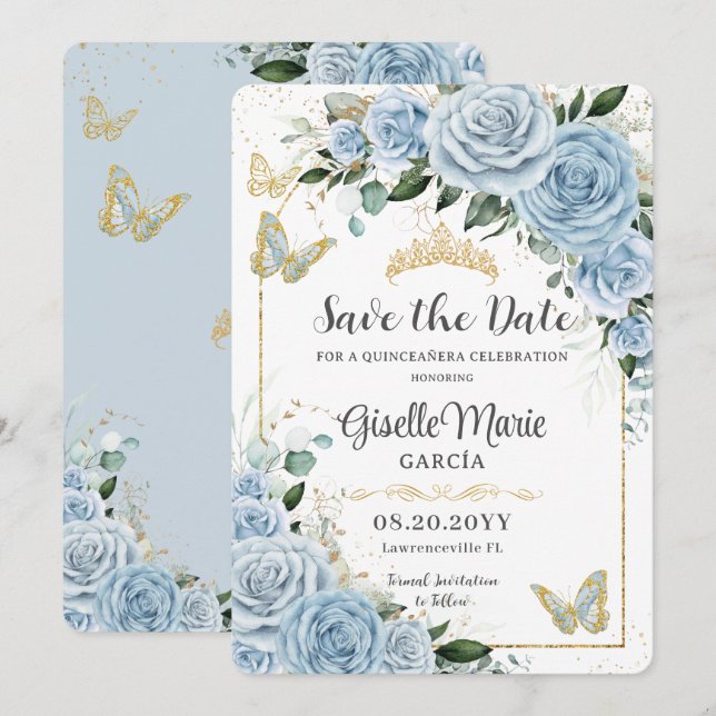 Reserve A Data Bebê Azul Floral Dourado Quinceañera Butterflies A (Frente/Verso)