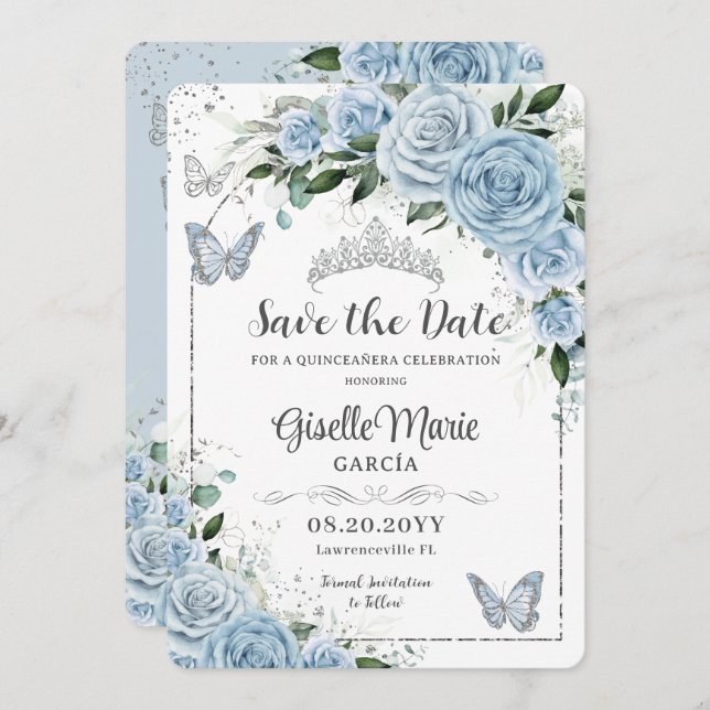 Reserve A Data Bebê Azul Floral Silver Quinceañera Borboletas (Frente/Verso)