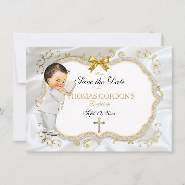 Reserve A Data Bebê Batismo Salva Data Dourada Cruz Branca (Frente)