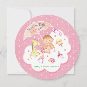 Reserve A Data Bebê na nuvem rosa sob guarda-chuva