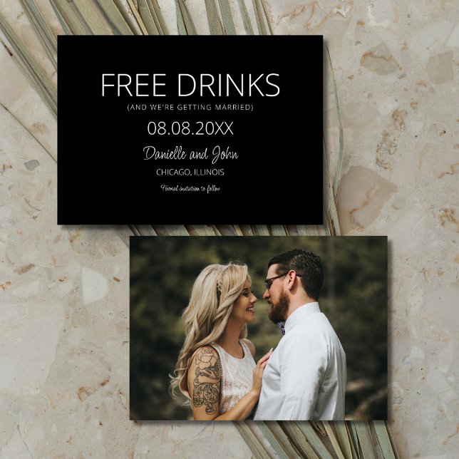 Reserve A Data Bebidas Grátis Foto Preto e Branco Casamento (Free Drinks Black White Photo Wedding Save The Date)