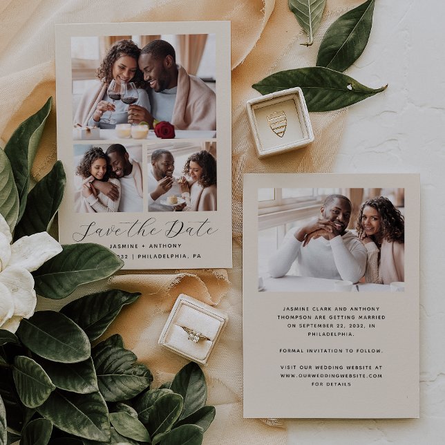 Reserve A Data bege de 4 fotos minimalista (Criador carregado)