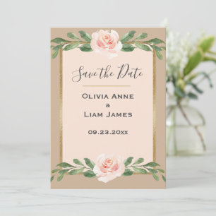 Reserve A Data Bege Rosa Floral Elegante Rota Gold Casamento