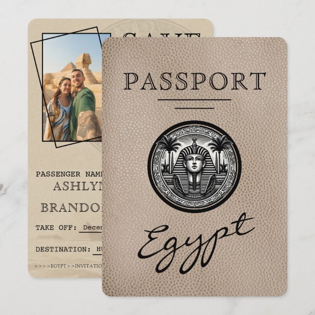 Reserve A Data Beige Egypt Passport Wedding Save the Date (Frente/Verso)