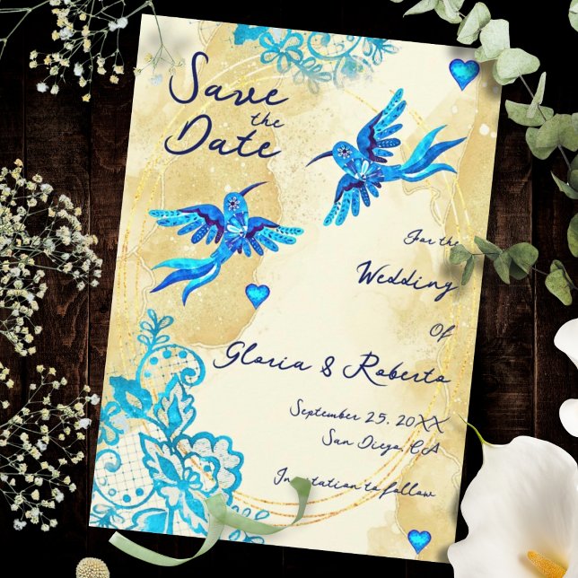 Reserve A Data Beija-flor Barroco Ouro Elegância Casamento Mexica (Mexican artistry shines in turquoise lace, gold textures, and luminous blue heart details.)