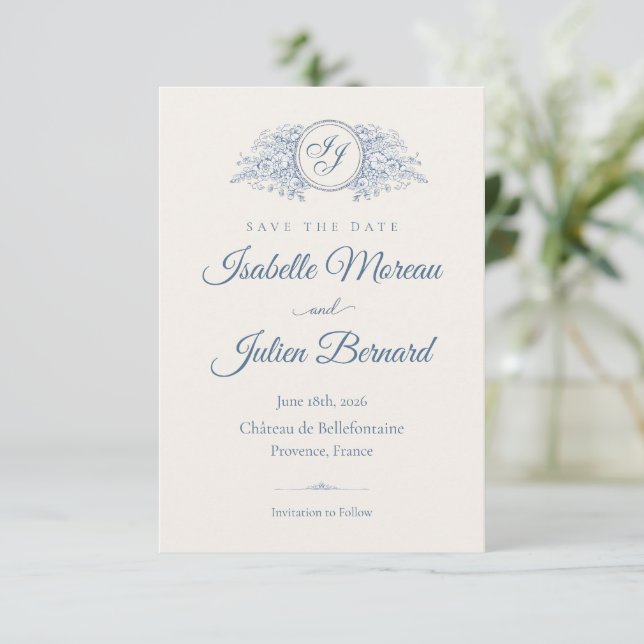 Reserve A Data Bellefontaine — French Blue Wedding Save the Date (Em pé/Frente)