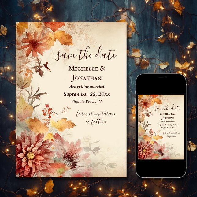 Reserve A Data Belo Casamento Floral De Flores De Outono (Printed and Digital - Beautiful Autumn Flowers Fall Floral Wedding Save The Date)