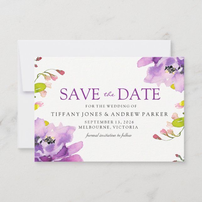 Reserve A Data Belo Casamento Floral Roxo Salve A Data (Frente)