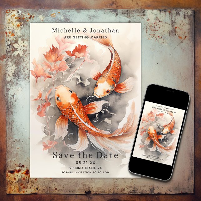 Reserve A Data Belo Casamento Japonês de Peixe-Koi Laranja Beige (Beautiful Japanese Koi Fish Orange Beige Wedding Save The Date)