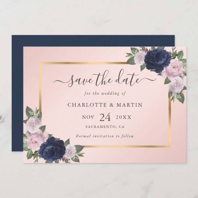 Reserve A Data Belo Marinho Azul Blush Dourado Casamento Floral R (Frente/Verso)