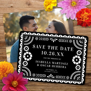Reserve A Data Belo Ornamentado Papel Picado Foto Negra