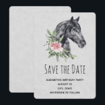 Reserve A Data Belo Retrato de Cabeça de Cavalo em Aquarela<br><div class="desc">Festa de aniversário guarde o cartão de ponto com uma bela ilustração de uma cabeça de cavalo preto com um rico de embelezamento floral pelo pescoço. Pintura de animais elegante e elegante. Cinza de fundo malhado.</div>