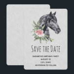 Reserve A Data Belo Retrato de Cabeça de Cavalo em Aquarela<br><div class="desc">Festa de aniversário guarde o cartão de ponto com uma bela ilustração de uma cabeça de cavalo preto com um rico de embelezamento floral pelo pescoço. Pintura de animais elegante e elegante. Cinza de fundo malhado.</div>