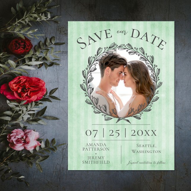 Reserve A Data Berry Wreath e Stripes Foto | Verde (Berry Wreath and Stripes Photo Save the Date - Green)