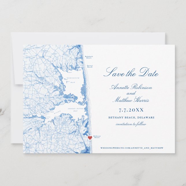 Reserve A Data Bethany Beach Delaware Mapa Elegante Blue Weding (Frente)