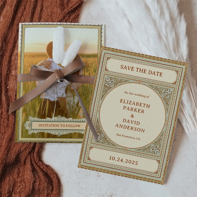 Reserve A Data Biblioteca | Quadro Clássico Vintage Elegante com  (A vintage, academic look in a neutral color scheme with ornate borders and your photo on the back)