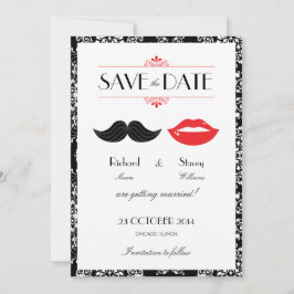 Reserve A Data Bigode e Lábios Vermelho, Preto e Branco Damask Ca