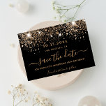 Reserve A Data Birthday black gold glitter sparkles<br><div class="desc">A girly and trendy Save the Date card for a birthday party. A black background decorated with faux gold glitter,  sparkles.  Personalize and add a date and name. Golden colored letters.  The text: Save the Date is written with a large trendy hand lettered style script with swashes.</div>