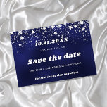 Reserve A Data Birthday navy blue silver stars save date card<br><div class="desc">A Save the Date for a 50th (or any age) birthday party. A navy blue colored background. The blue color is uneven. Decorated with faux silver stars. For both him and her.</div>