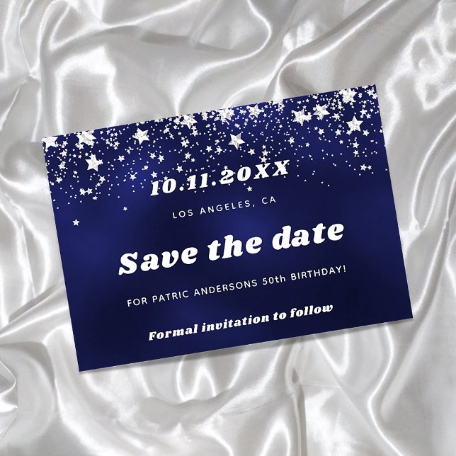 Reserve A Data Birthday navy blue silver stars save date card (Criador carregado)