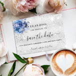 Reserve A Data Birthday party silver blue florals glitter script<br><div class="desc">A girly and trendy Save the Date for a 50th (or any age) birthday party. A classic faux silver metallic looking background decorated with faux silver glitter dust and blue flowers. Personalize and add a date and name/age. The text: Save the Date is written with a large trendy hand lettered...</div>