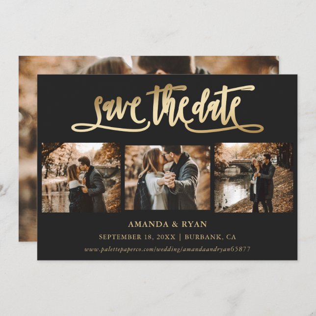 Reserve A Data Black and Gold Wedding 4 Photo Save The Date (Frente/Verso)