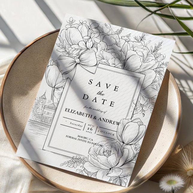 Reserve A Data Black and White Floral Bow Wedding (Criador carregado)