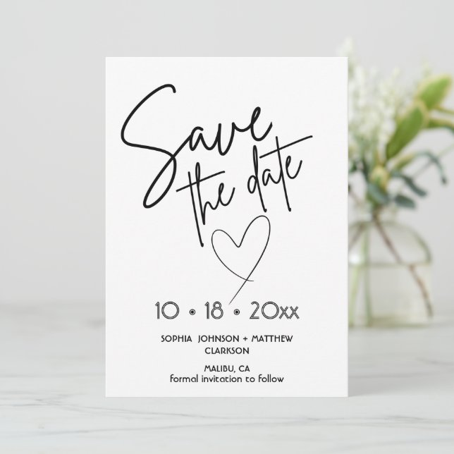 Reserve A Data Black and White Hand Drawn Wedding Save The Date  (Em pé/Frente)