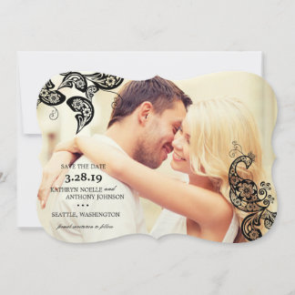 Reserve A Data Black Boho Floral Peacock Photo Save The Date Card