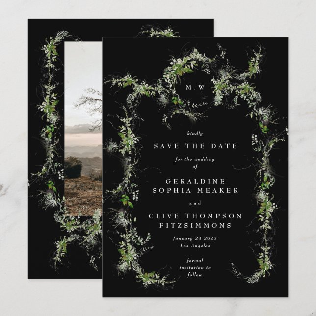 Reserve A Data Black Eucalyptus Wreath Monogram Photo Wedding (Frente/Verso)