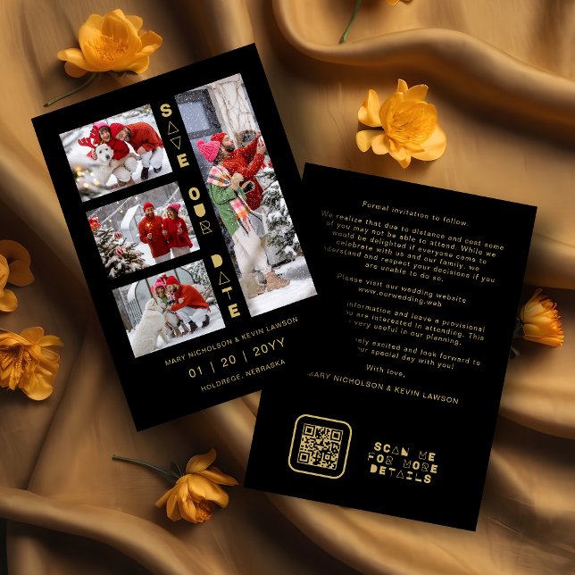 Reserve A Data Black & Gold Sophisticated 4 Multi-Photos Collage (Black & Faux Gold Sophisticated 4 Multi-Photos Collage Whimsical Script Save the Date Card.)