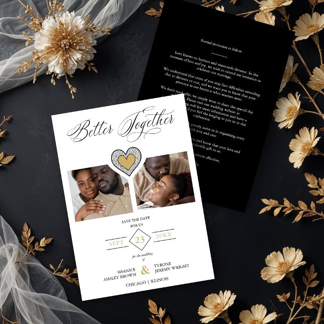Reserve A Data Black & Gold Sophisticated Better Together Quote (Sophisticated Better Together Quote Black Fake Gold and Fake Lace Effect Heart 2 Photos Collage.)