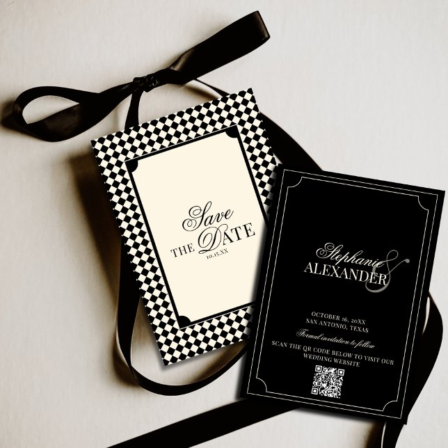 Reserve A Data Black & Ivory Checkered Old Money QR Code Wedding (Criador carregado)