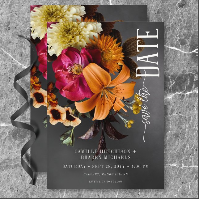 Reserve A Data Black Moody Gothic Orange Lily Casamento (Black Moody Gothic Orange Lily Wedding Save The Date)