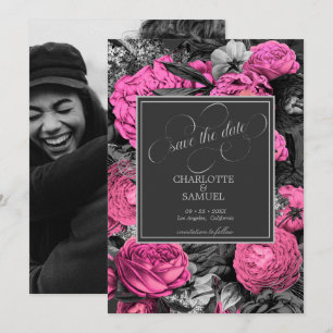 Reserve A Data Black Pink Floral Foto Preto e Branco Casamento