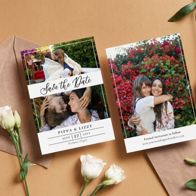 Reserve A Data Black Script Double Sided Photos Save the Date (Criador carregado)